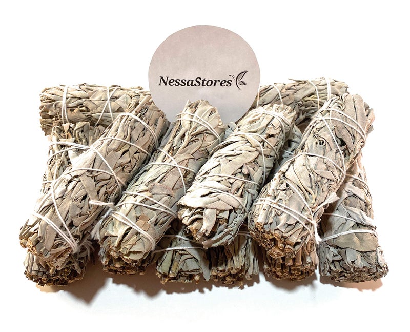 NessaStores 8 California White Sage Smudge Sticks, 4 Inch Hand Tied, All Natural for Home Cleansing, Stress Relief, & Clearing Negative Energy JC-006 - Image 1